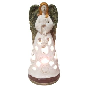 Praying Winged Angel Illuminated Reticulated Skirt Christmas Angel 10"